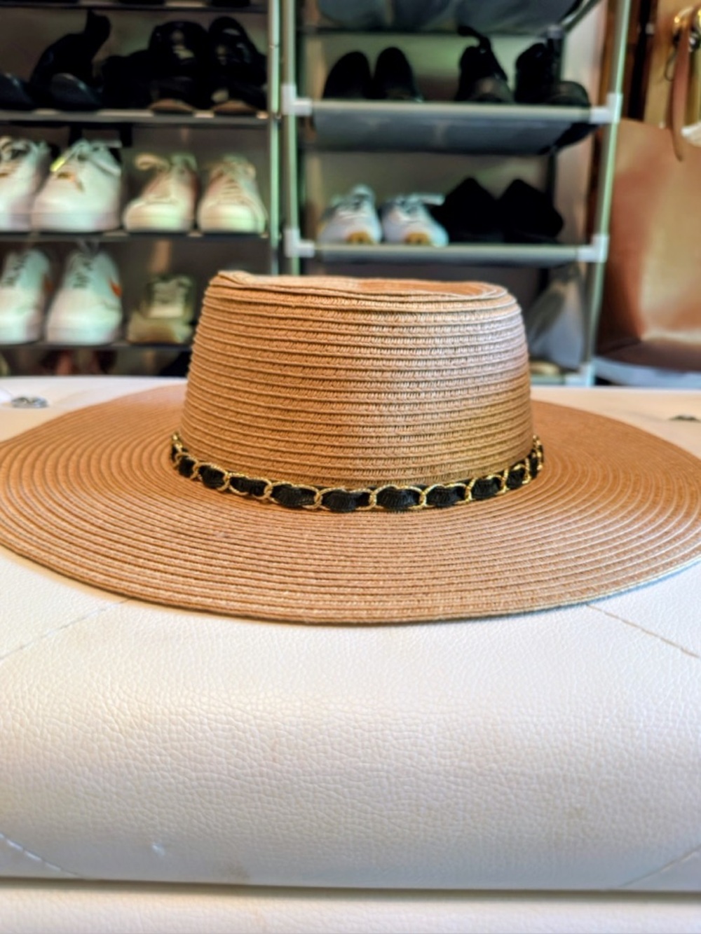 Woven Straw Wide-Brim Hat with Black & Gold Chain Trim - Women